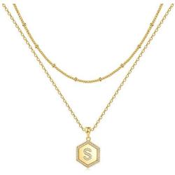 Yoosteel Dainty Layered Gold Necklaces for Women, 14K Gold Plated Tiny Hexagon Letter Necklace Personalized Initial Monogram Gold Layered Necklaces for Women Jewelry