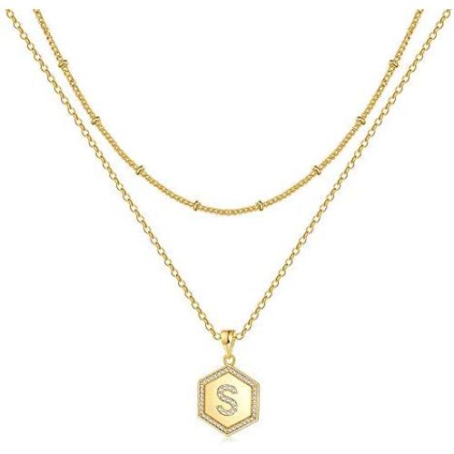 Yoosteel Dainty Layered Gold Necklaces for Women, 14K Gold Plated Tiny Hexagon Letter Necklace Personalized Initial Monogram Gold Layered Necklaces for Women Jewelry