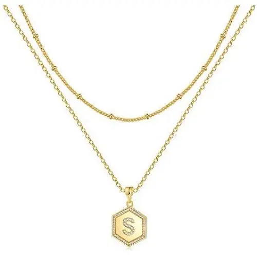 Yoosteel Dainty Layered Gold Necklaces for Women, 14K Gold Plated Tiny Hexagon Letter Necklace Personalized Initial Monogram Gold Layered Necklaces for Women Jewelry