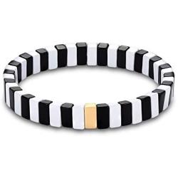 HZEYN Enamel Tile Bracelet Colorful Enameled Mini Bar Tile Bead Stretch Bracelet for Women Stackable Jewelry