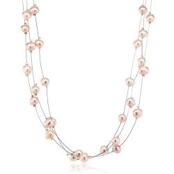 Gem Stone King 3-Row 7-8mm Pink Cultured Freshwater Pearl Necklace Earrings Set 18inches