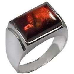 Mens Sterling Silver Cherry Amber Rectangular Large Ring