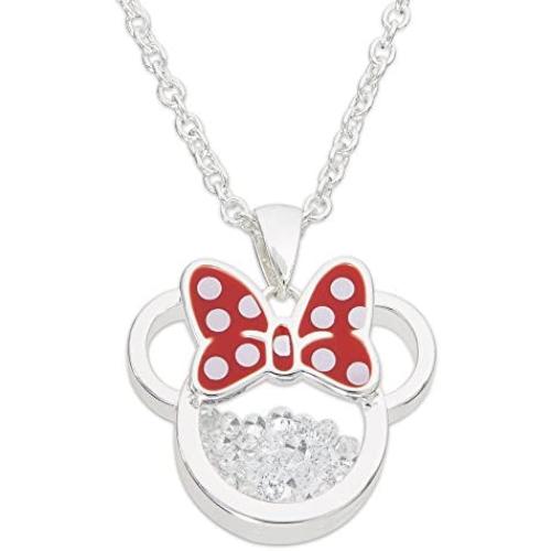 Disney Birthstone Women and Girls Jewelry Minnie Mouse Silver Plated Shaker Pendant Necklace, 18+2'' Extender