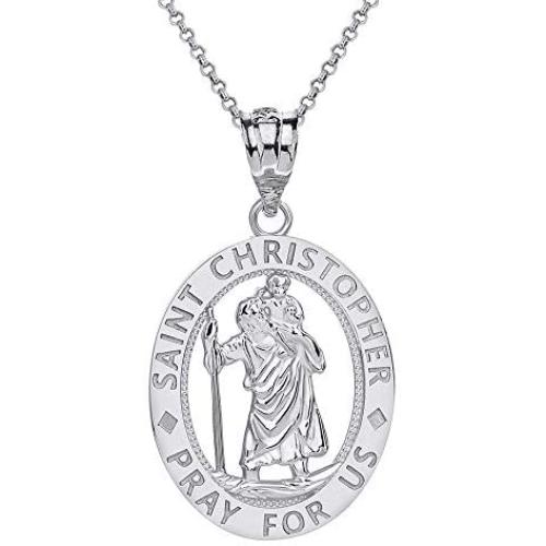 CaliRoseJewelry Sterling Silver Saint Christopher Pray for Us Oval Charm Pendant Necklace