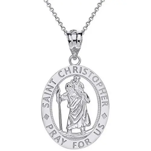 CaliRoseJewelry Sterling Silver Saint Christopher Pray for Us Oval Charm Pendant Necklace CaliRoseJewelry Sterling Silver Saint Christopher Pray for Us Oval Charm Pendant Necklace