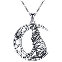 DAOSHANG 925 Sterling Silver Inspirational Oxidized Wolf Moon/Round Pendant Necklace for Women Wolf Jewelry Gifts for Men, 20” Chain