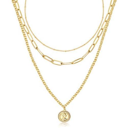 HAIAISO Layered Gold Pendant Choker Necklace - 14K Gold Plated Multilayer Coin Medallion Snake Chain Adjustable Dainty Necklace Set for Women Jewelry Gifts