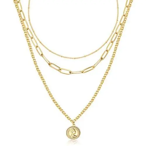 HAIAISO Layered Gold Pendant Choker Necklace - 14K Gold Plated Multilayer Coin Medallion Snake Chain Adjustable Dainty Necklace Set for Women Jewelry Gifts HAIAISO Layered Gold Pendant Choker Necklace - 14K Gold Plated Multilayer Coin Medallion Snake Chain Adjustable Dainty Necklace Set for Women Jewelry Gifts