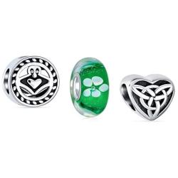 Mixed Set Bundle .925 Sterling Silver Murano Glass Good Luck Celtic Shamrock Irish Green Clover Knot Claddagh Charm Bead Spacer Fits European Bracelet For Women Teen