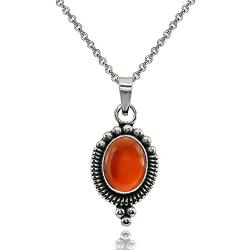 Sterling Silver Simulated Gemstone Oval Oxidized Dainty Bali Bead Pendant Necklace