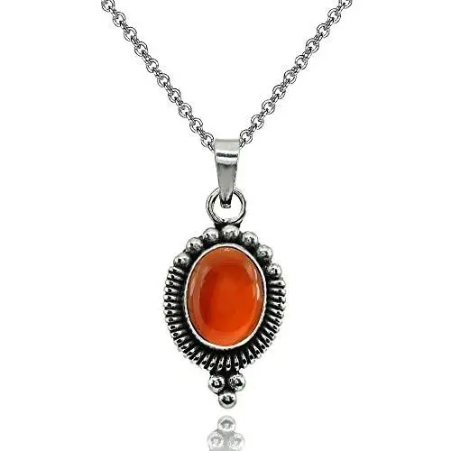 Sterling Silver Simulated Gemstone Oval Oxidized Dainty Bali Bead Pendant Necklace Sterling Silver Simulated Gemstone Oval Oxidized Dainty Bali Bead Pendant Necklace