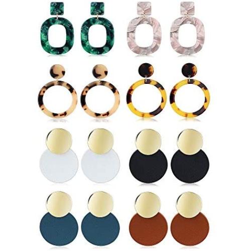 Hanpabum 8 Pairs Acrylic Leather Drop Dangle Earrings Mottled Resin Stud Earrings Set Bohemian Statement Round&Oval Shape Jewelry