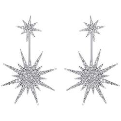 Starburst CZ Dangle Drop Earrings for Women Girls Sensitive Ear S925 Sterling Silver Stud Post Pin Fashion Lucky Star Dangling Hanging Earring Jewelry Hypoallergenic Gifts Bff