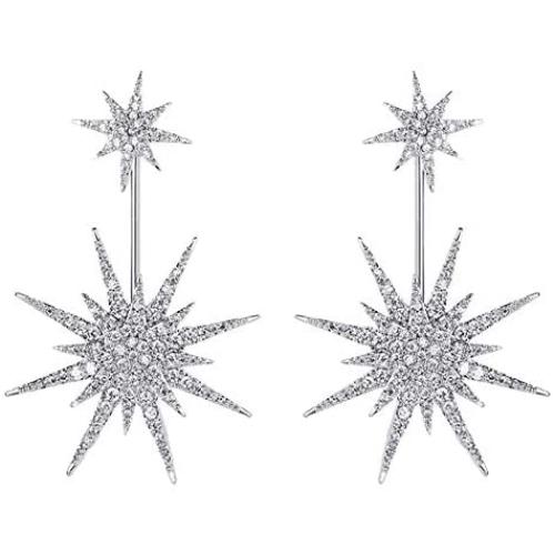 Starburst CZ Dangle Drop Earrings for Women Girls Sensitive Ear S925 Sterling Silver Stud Post Pin Fashion Lucky Star Dangling Hanging Earring Jewelry Hypoallergenic Gifts Bff
