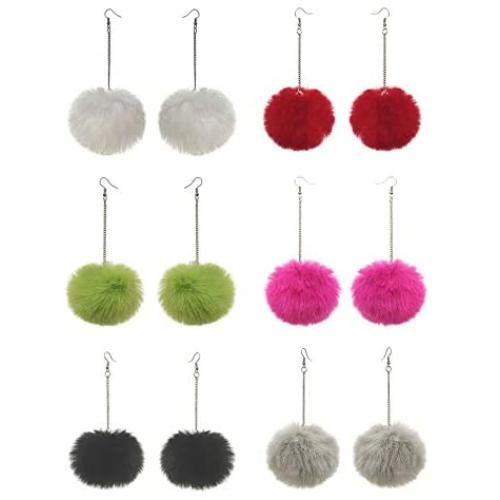 6 Pairs Faux Fur Fluffy Pom Pom Drop Dangle Earrings Set Bohemia Ethnic Handmade Colorful Long Ball Tassel Earrings Thanksgiving Christmas Earrings Gifts for Women Girls Jewelry