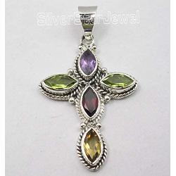 SilverStarJewel 925 Solid Silver Marquise Multistones Cross Pendant 1.7'' Low Price