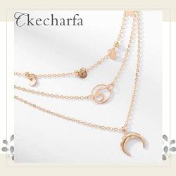 Ckecharfa Boho Gold Layered Necklace Sequins Choker Necklace Summer Beach Moon Pendant Chain Wave Neck Chains Beaded Jewelry for Women and Girls