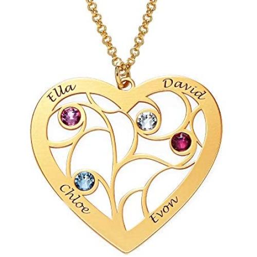 MyNameNecklace Personalized Custom Family Branch Tree Heart Necklace Made with Swarovski Crystals- Mother Day Jewelry Gift