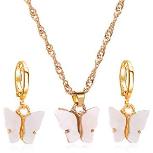 FUTIMELY Butterfly Hoop Earring Pendant Necklace,Acrylic Animal Butterfly Necklace Huggie Drop Earrings Set,Simple Charm Colour Suit for Women Teens Girls