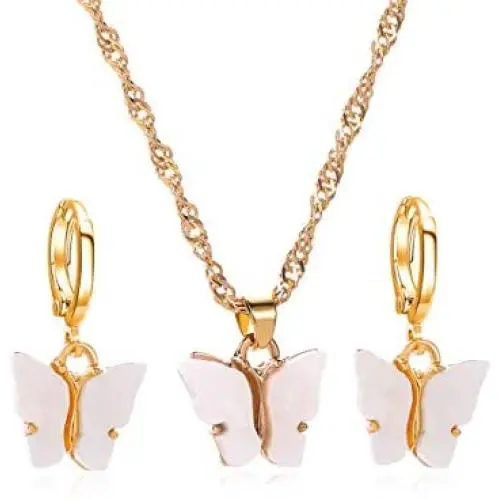 FUTIMELY Butterfly Hoop Earring Pendant Necklace,Acrylic Animal Butterfly Necklace Huggie Drop Earrings Set,Simple Charm Colour Suit for Women Teens Girls