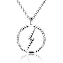 Circle Lightning Bolt Necklace Sterling Silver Necklace for Women Girls Flashing Thunder CZ Pendant Simple Zig Zag Choker Necklaces Inspirational Gifts