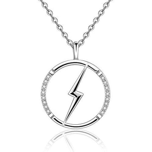 Circle Lightning Bolt Necklace Sterling Silver Necklace for Women Girls Flashing Thunder CZ Pendant Simple Zig Zag Choker Necklaces Inspirational Gifts