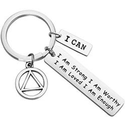 FUSTMW AA Symbol Keychain Sobriety Gifts Alcoholics Anonymous Gifts Addiction Recovery Jewelry I Am Strong I Am Loved I Am Enough New Beginnings Gift