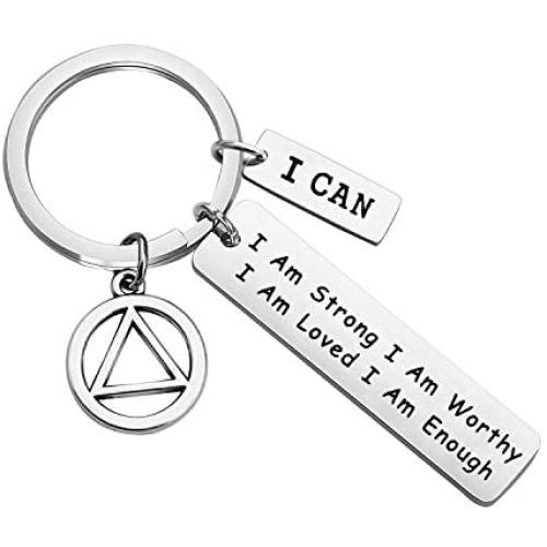 FUSTMW AA Symbol Keychain Sobriety Gifts Alcoholics Anonymous Gifts Addiction Recovery Jewelry I Am Strong I Am Loved I Am Enough New Beginnings Gift