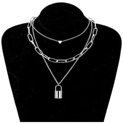 3 PCS Layered Lock Key Chain Necklaces Set Lock Key Pendant Keychain Punk Chunky Necklaces Gold Silver Multilayer Eboy Egirl Paperclip Figaro Link Chain Necklace Set for Women Men