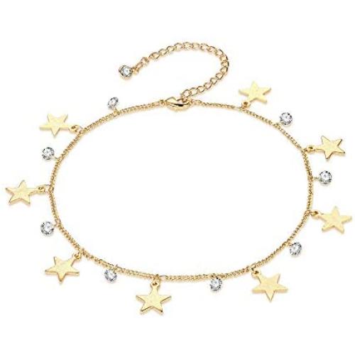 BEMOLY Dainty Gold Anklet 14K Gold Plated Geometry Lucky Evil Eye Cross Star Tassel Cute Tiny Beads CZ Flower Heart Summer Ankle Bracelet Boho Beach Foot Chain for Women