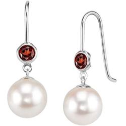 THE PEARL SOURCE 14K Gold AAAA Quality Round White Freshwater Cultured Pearl Garnet Gemstone Earrings for Women