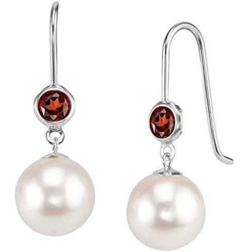 THE PEARL SOURCE 14K Gold AAAA Quality Round White Freshwater Cultured Pearl Garnet Gemstone Earrings for Women