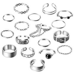 PANTIDE 17Pcs Punk Gothic Rings Set, Vintage Knuckle Rings Set Adjustable Alloy Biker Obsidian Chain Open Rings, Stackable Hollow Carved Finger Rings Midi Rings Joint Jewelry for Women Girls (Silver)