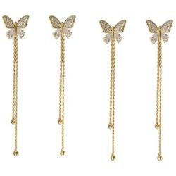 Vintage Butterfly Rhinestone Pearl Beads Long Tassel Threader Dangle Drop Earrings 14K Gold Plated Shiny Crystal Fringe Chain Crawler Earrings for Women Girl Statement Jewelry Gift