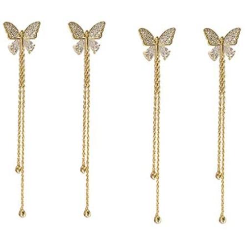 Vintage Butterfly Rhinestone Pearl Beads Long Tassel Threader Dangle Drop Earrings 14K Gold Plated Shiny Crystal Fringe Chain Crawler Earrings for Women Girl Statement Jewelry Gift