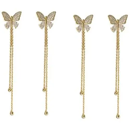 Vintage Butterfly Rhinestone Pearl Beads Long Tassel Threader Dangle Drop Earrings 14K Gold Plated Shiny Crystal Fringe Chain Crawler Earrings for Women Girl Statement Jewelry Gift