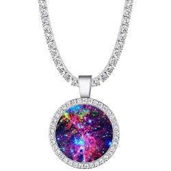 Galaxy Necklace 14k Gold Plated Tennis Chain Universe Pendant Bling Iced CZ Nebula Necklace for Women Men, 18'' + 2'' Inches