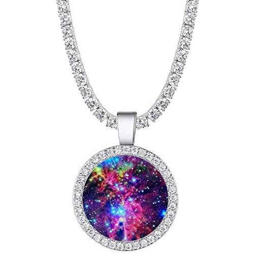Galaxy Necklace 14k Gold Plated Tennis Chain Universe Pendant Bling Iced CZ Nebula Necklace for Women Men, 18'' + 2'' Inches
