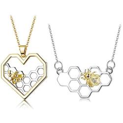ORAZIO 2PCS Stainless Steel Beehive Bee Hive Honey Bee Necklace Hexagon Honeycomb Heart Pendant Necklace