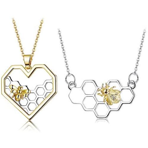 ORAZIO 2PCS Stainless Steel Beehive Bee Hive Honey Bee Necklace Hexagon Honeycomb Heart Pendant Necklace
