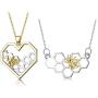 ORAZIO 2PCS Stainless Steel Beehive Bee Hive Honey Bee Necklace Hexagon Honeycomb Heart Pendant Necklace