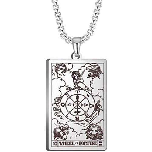 VASSAGO Tarot Stainless Steel X Wheel of Fortune Tarot Card Pendant Laser Engraved Celtic Astrology Divination Magic Amulet Necklace