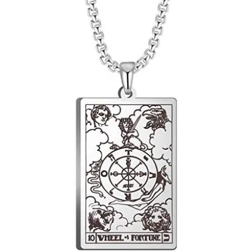 VASSAGO Tarot Stainless Steel X Wheel of Fortune Tarot Card Pendant Laser Engraved Celtic Astrology Divination Magic Amulet Necklace