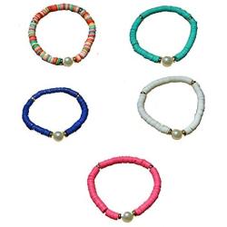 5 Pcs Clay Beaded Bracelets Stackable Faux Pearl Summer Bracelets Boho Rainbow Friendship Bracelets Lightweight African Vinyl Beaded Bracelet for Women Girls Jewelry