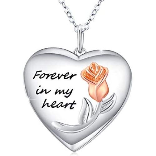 CUOKA MIRACLE Rose Flower Heart Locket Necklace Locket Necklace That Holds Pictures S925 Sterling Silver Forever in My Heart Necklace Gift for Women Girlfriend