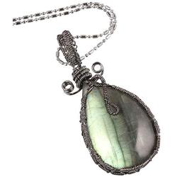 Nupuyai Natural Labradorite Necklace for Unisex, Handmade Wire Wrapped Irregular Healing Stone Pendant with Chain 19''