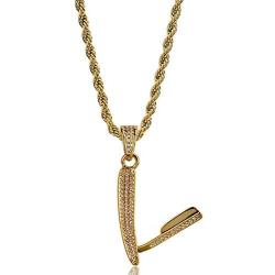JAJAFOOK 14K Gold Plated Iced Out Barber Scissors Shear Razor Blade Pendant Necklace, 24'' Rope Chain