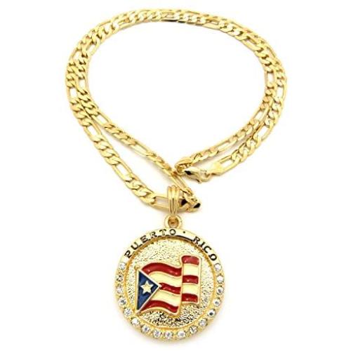 Fashion 21 Puerto Rico Flag Pendant 5mm 24'' Figaro Chain Necklace Gold Tone