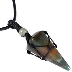 SUNYIK Hexagonal Crystal Point Pendant Necklace for Women Men, Handmade 6 Faceted Healing Crystal Amulet Macrame Jewelry for Unisex, Adjustable