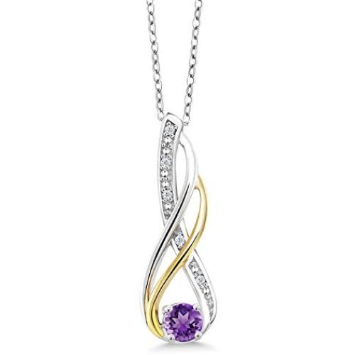 Gem Stone King 2 Tone 10K Yellow Gold and 925 Sterling Silver Purple Amethyst and Diamond Women Infinity Pendant Necklace (0.28 Ct Round Gemstone Birthstone with 18 Inch Chain)